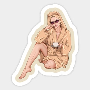 Spa girl sitting with a cup of tea fashion illustration art Sticker